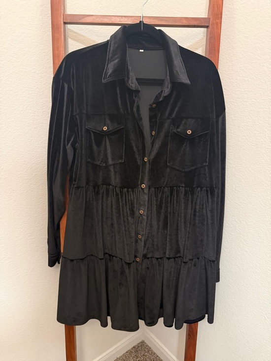 Dresses & Skirts - Black Velvet Tiered Button-Up Shirt Dress Size XL